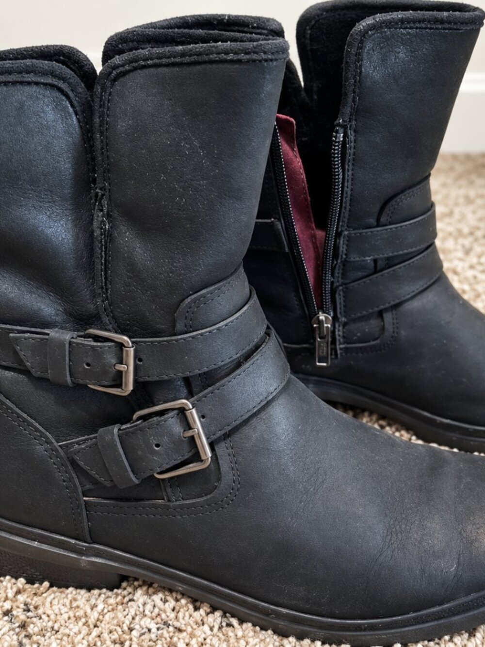 UGG Black Leather Tall Boots Double Buckle Side Zip Size 8